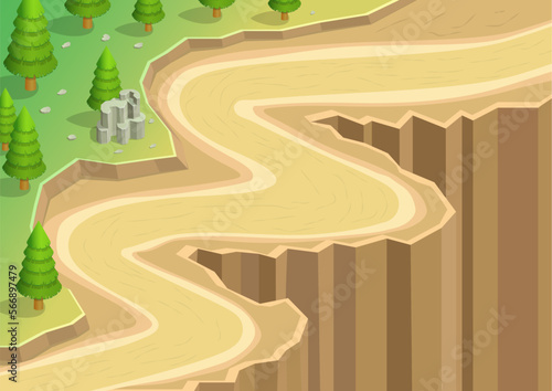 isometric isometric road winding beside a deep ravine.