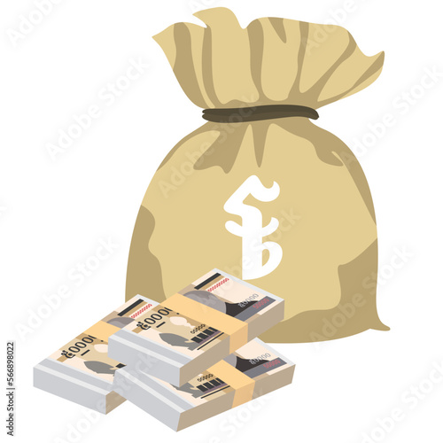 Cambodian Riel Vector Illustration. Cambodia money set bundle banknotes. Money bag 50000 KHR. Flat style. Isolated on white background. Simple minimal design.