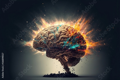 Concept art of a human brain exploding with knowledge and creativity. Generative AI.