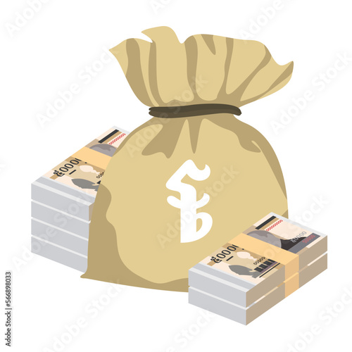 Cambodian Riel Vector Illustration. Cambodia money set bundle banknotes. Money bag 50000 KHR. Flat style. Isolated on white background. Simple minimal design.