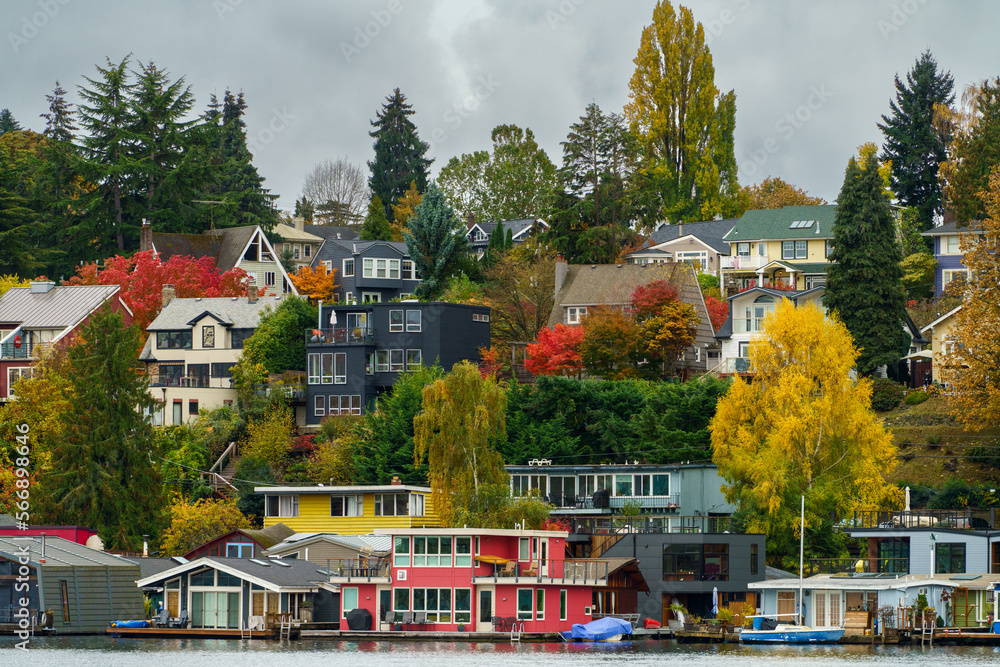 Colorful houses on Lake Washington in Seattle WA with a cool gray sky