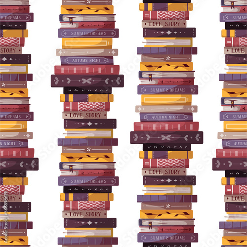 Seamless pattern with stacks of books. Bookstore, bookshop, library, book lover, bibliophile, education concept. Vector illustration.