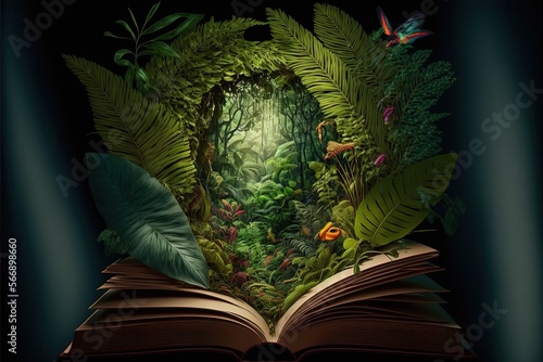 A tropical rainforest jungle with parrot, bird, monkey, wolf appearing opening a book. Jungle book for kid. fantastic jungle landscape. Generative AI