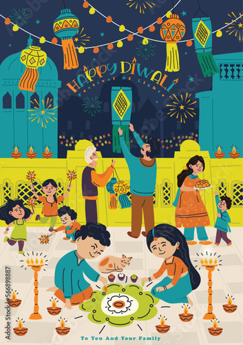 Happy Diwali Festival and Family Celebrating Diwali Vector