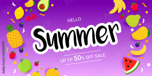 Horizontal summer sale banner with bright fruit on violet background.