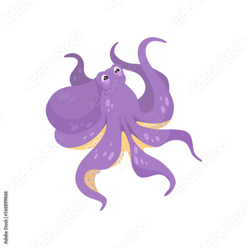 Purple comic octopus illustration. Underwater animal cartoon character with tentacles  sea or ocean creature isolated on white background. Wildlife  nature concept