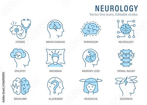 Neurology icons such as Alzheimer's disease, Parkinson, insomnia, epilepsy and more. Editable stroke.