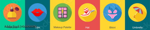 A set of 6 Clothes icons as perfume, lips, makeup palette