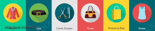 A set of 6 Clothes icons as blazer, belt, comb scissor