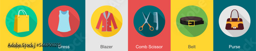 A set of 6 Clothes icons as shopping bag, dress, blazer 