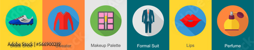 A set of 6 Clothes icons as skate shoe, sweater, makeup palette