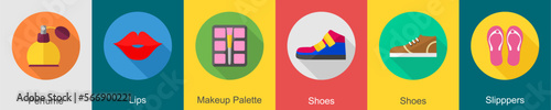 A set of 6 Clothes icons as perfume, lips, makeup palette