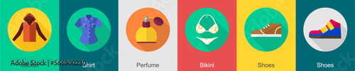 A set of 6 Clothes icons as jacket, shirt, perfume
