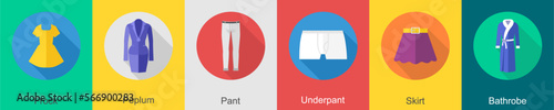 A set of 6 Clothes icons as frock, peplum, pant