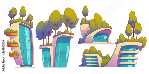 Set of futuristic eco buildings isolated on white background. Vector contemporary cartoon illustration modern glass houses with green trees on roof. Smart sustainable city architecture design elements