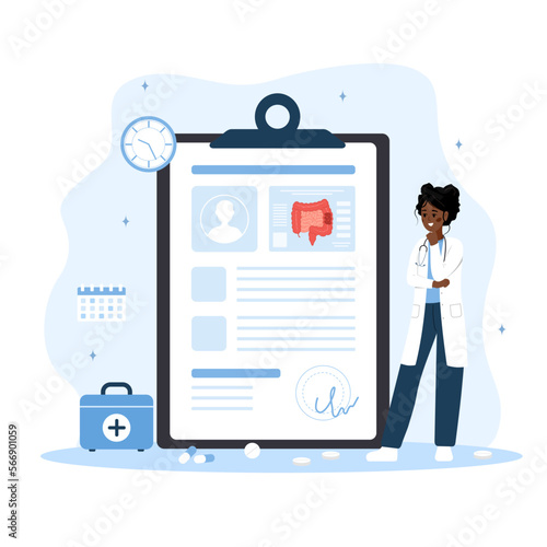 Proctologist concept. Female doctor make diagnosis and choose treatment methods. African woman in lab coat analysis intestine. Prevention of cancer. Cartoon vector illustration. Colon diseases.