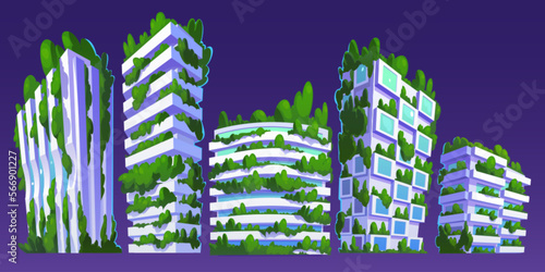 Set of futuristic eco buildings isolated on blue background. Vector contemporary cartoon illustration modern glass houses with green trees on roof. Smart sustainable city architecture design elements