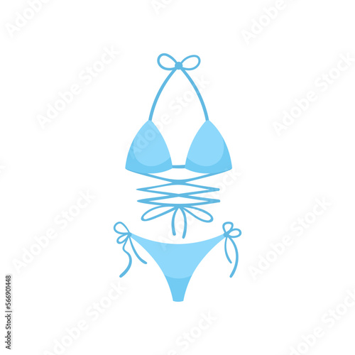 Female blue swimwear for beach vector illustration. Design of bikini and swimsuit for women, swim suit for beach on white background. Summer, fashion concept