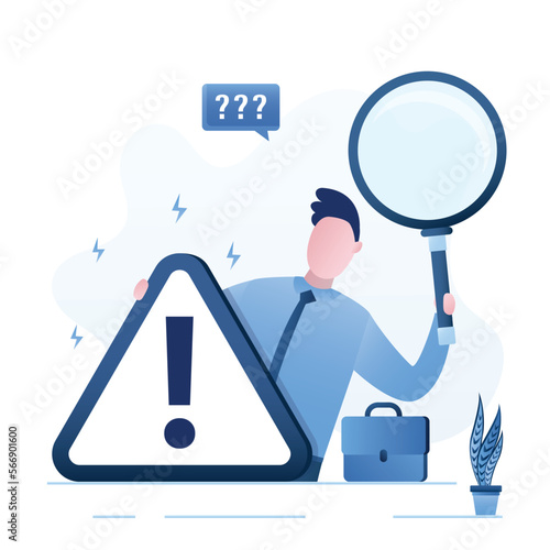 Businessman with warning sign, closeup view. Identification of problems. Errors and risk analysis. Magnifying glass to investigate. Looking for methods or ways to overcome or resolve problems. photo