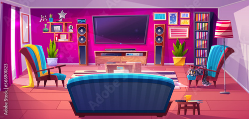 Cartoon living room with tv set, game console and furniture. Vector illustration of cozy boho style home with cute cat on armchair, sofa, lamp, flower pots, books on shelf, pictures on pink wall