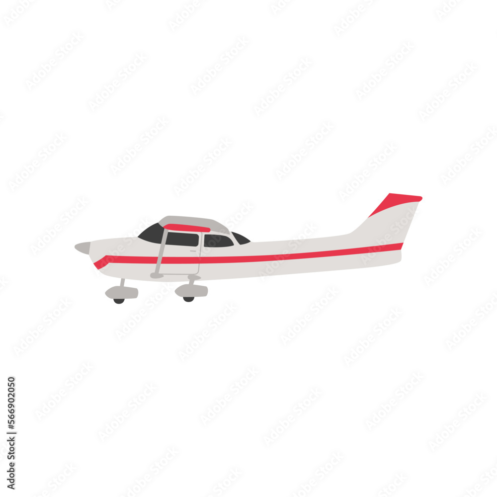 Side view of plane vector illustration. Flying propeller airplane, side view of aircraft isolated on white background. Tourism, aviation industry concept