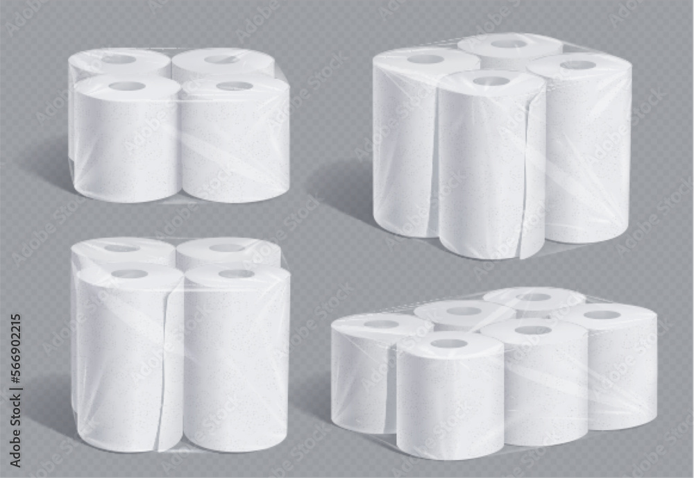 Realistic set of toilet paper and kitchen towel pack mockups isolated on transparent background