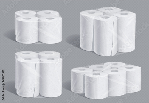 Realistic set of toilet paper and kitchen towel pack mockups isolated on transparent background. 3D vector illustration of soft white hygiene tissue rolls for bathroom packed in blank polythene