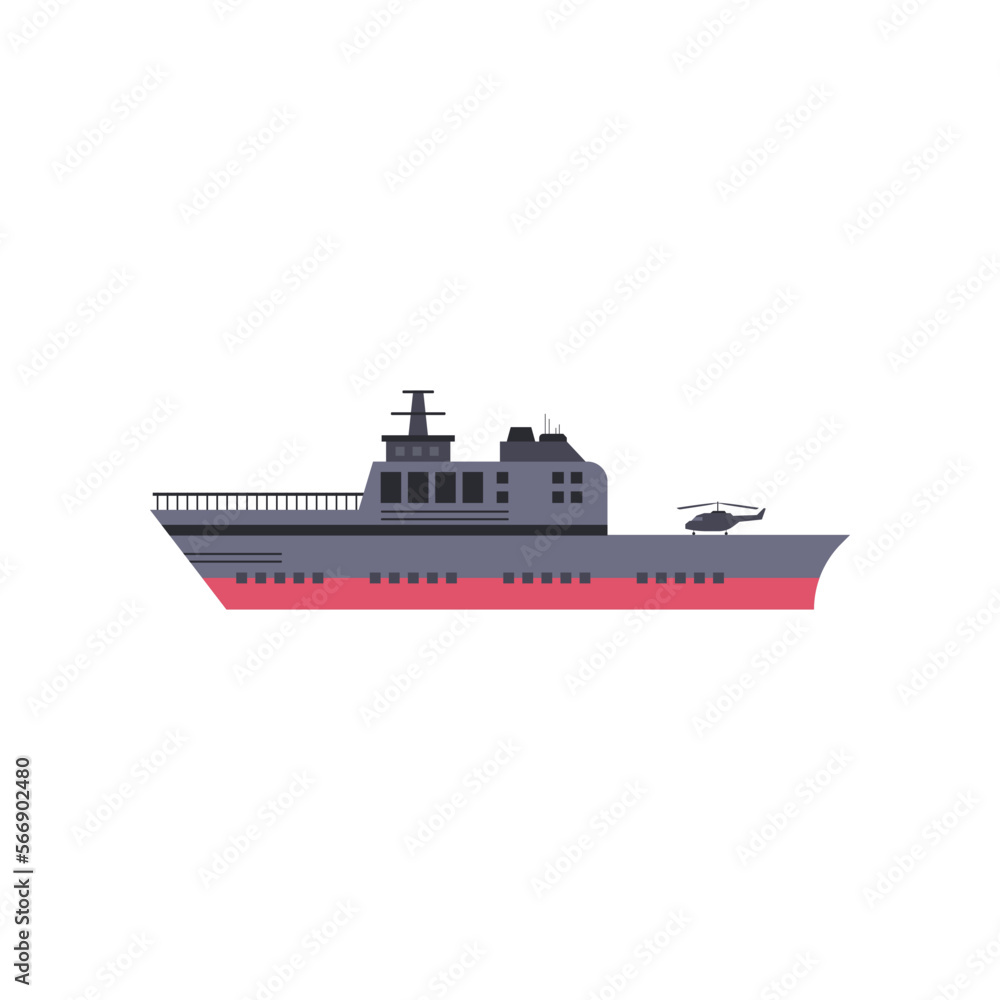 Military grey and red ship cartoon illustration. Warship, vessel and boat on white background. Navy, sea power, marine forces, war, battle concept