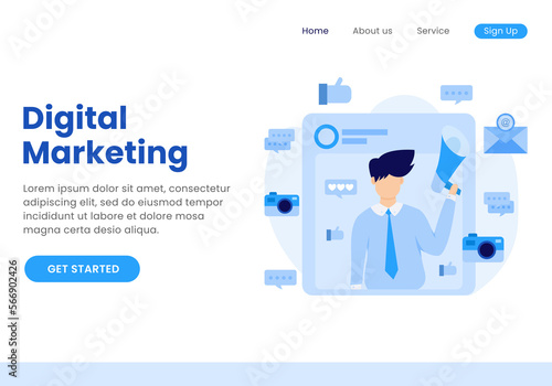 Illustration vector of person holding a megaphone which is on promotion. digital marketing concept vector illustration.
