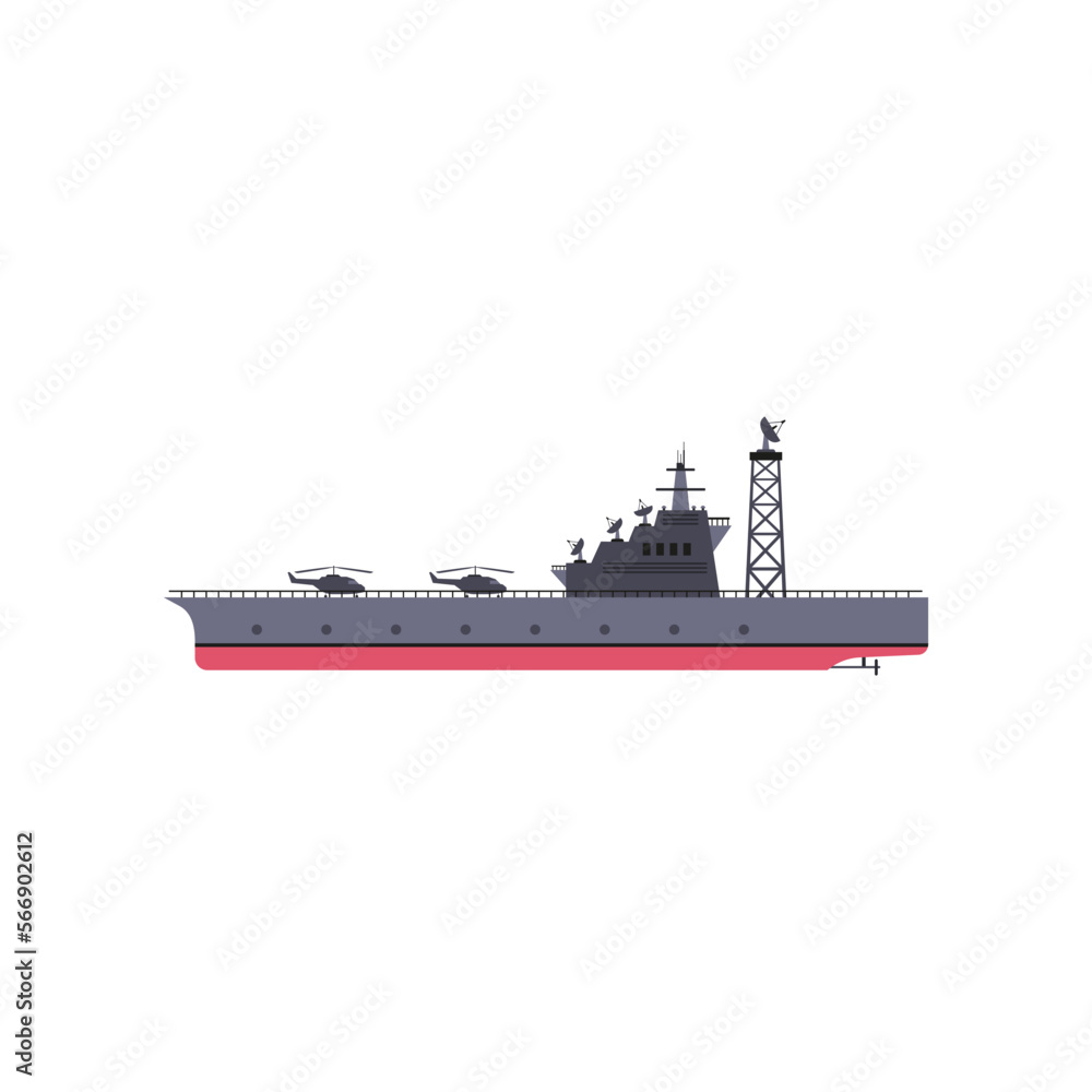 Military red and grey ship vector cartoon illustration. Warship, vessel and boat on white background. Navy, sea power, marine forces, war, battle concept