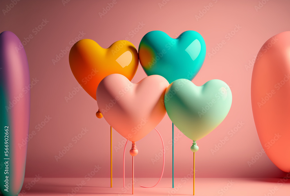 Colourful heart shape baloons in the solid pastel background. Generative AI Illustration