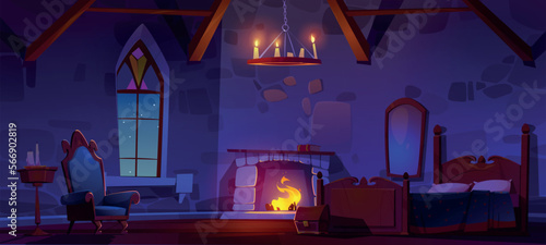 Bedroom in castle with fireplace and wooden furniture at night. Medieval palace or mansion room interior with bed, mirror, chair, chest, candles and stained glass window, vector cartoon illustration