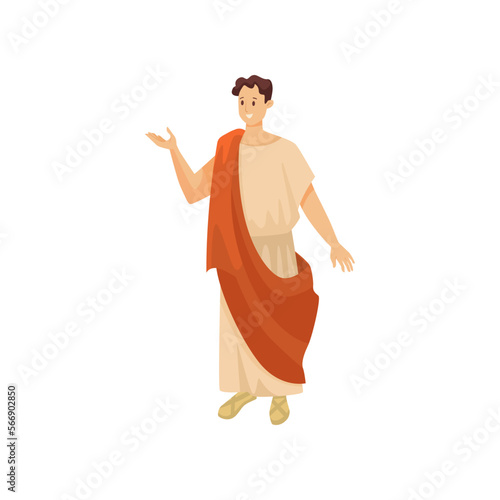 Man in traditional Roman red clothes vector illustration. Adult male character in toga or tunic isolated on white background. History, Ancient Rome or Greece concept