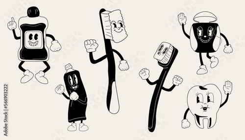 Dental instruments and teeth hygiene items in retro cartoon style illustration in black and white color. Toothpaste, brush, floss, mouthwash, tooth