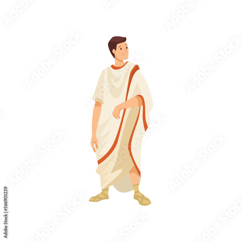 Man in traditional Roman clothes standing vector illustration. Adult male character in toga or tunic isolated on white background. History, Ancient Rome or Greece concept