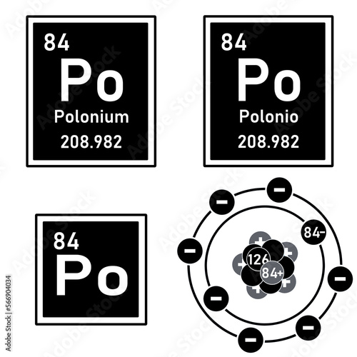 Icon of the element polonium of the periodic table with representation of its atom photo