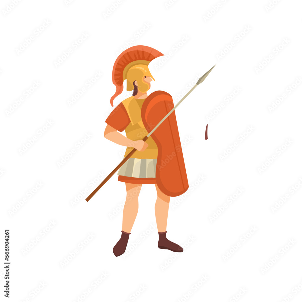 Man gladiator in traditional Roman clothes vector illustration. Adult male character in armor, gladiator isolated on white background. History, Ancient Rome or Greece concept Man gladiator in traditional Roman clothes vector illustration. Adult male character in armor, gladiator isolated on white background. History, Ancient Rome or Greece concept