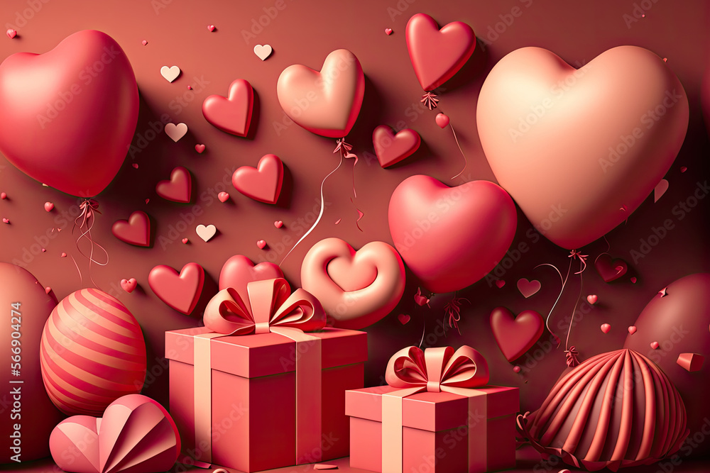 valentine day  background with lots of balloons pink and gift background. generative ai.