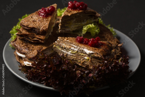 Liver cake with mayonnaise, mustard and lingonberry sauce