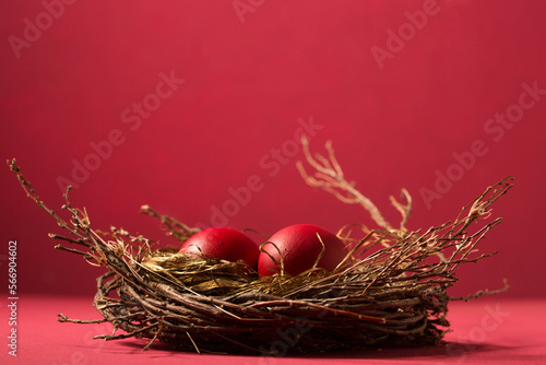 Obraz na płótnie red eggs in a nest, copy space w salonie