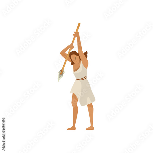 Prehistoric woman hunting vector illustration. Ancient woman hunting with spear on white background. History, stone age, prehistory concept