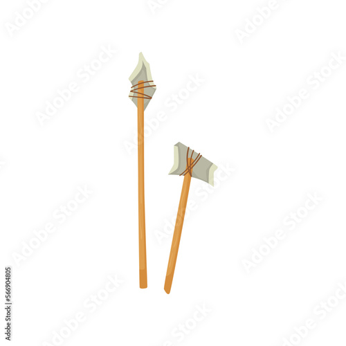 Prehistoric weapons or tools vector illustration. Ancient hunting tools, spear, axe on white background. History, stone age, prehistory concept