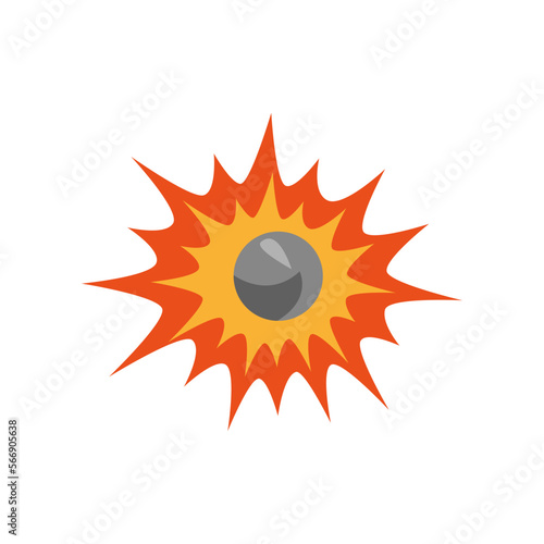 Explosion with bullet front view vector illustration. Cartoon drawing of bullet blast, fire after gun bullet burst on white background. War, armament concept