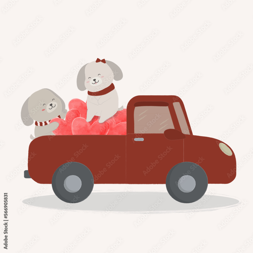 The dog lover on truck with heart cute cartoon romantic couple vector The dog lover on truck with heart cute cartoon romantic couple vector