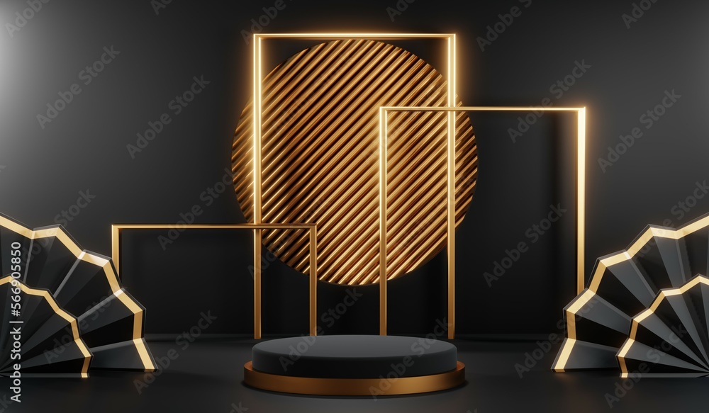 3D rendering of black and gold mockup background for black friday product on mockup