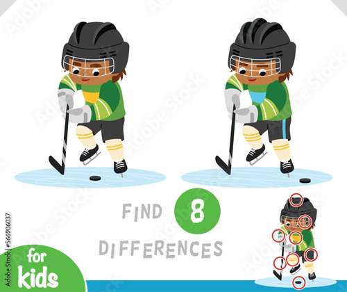 Find differences educational game, Boy hockey player with hockey stick and puck