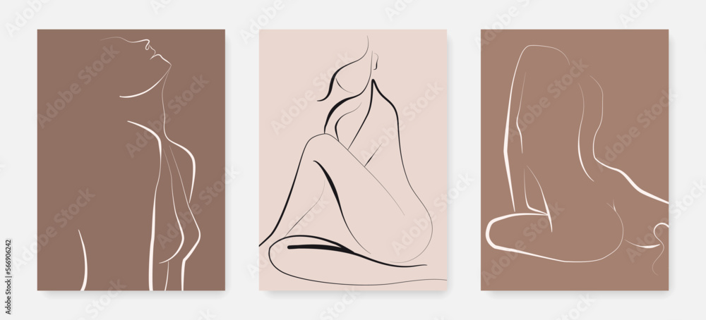 Trendy Line Art Drawing of Woman Body Set. Female Figure Line Art Vector Illustrations for Wall Decor, Spa, T-shirt, Print, Poster. Female Body Creative Drawing in Modern Linear Style