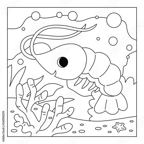 Coloring book for kids, Cute shrimp and undersea background