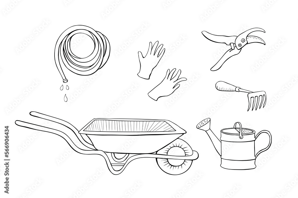 My garden. Vector set of gardening tools: wheelbarrow, watering can ...