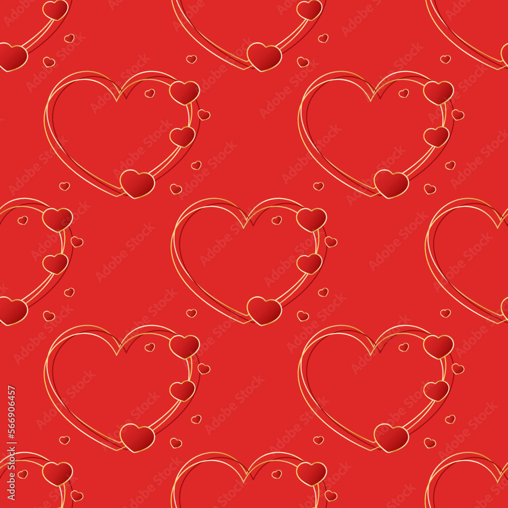 Red hearts seamless pattern. Volumetric vector hearts with gold abstract lines on pink background. Best for web, polygraphy, print and St. Valentine's Day decoration. Red hearts seamless pattern. Volumetric vector hearts with gold abstract lines on pink background. Best for web, polygraphy, print and St. Valentine's Day decoration.